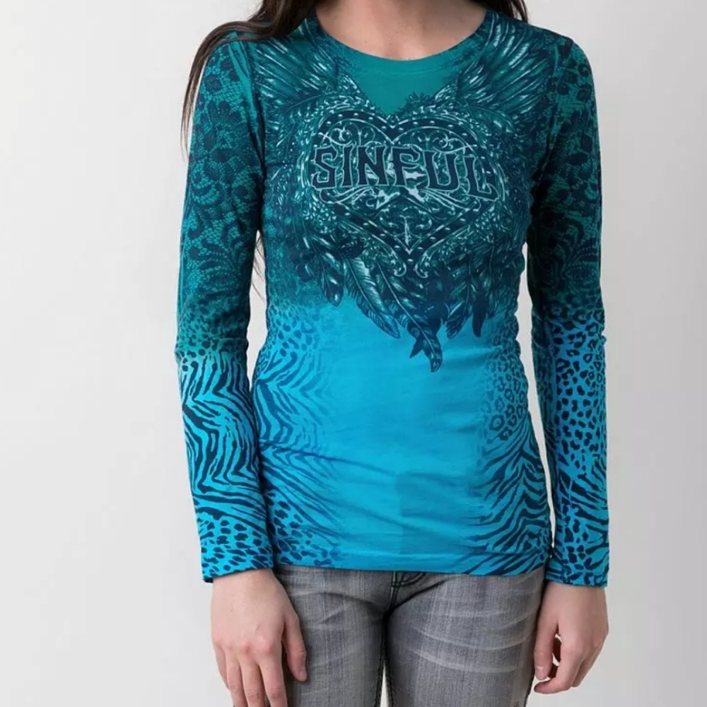 Buckle Sinful Turquoise Native Love Small Graphic Long Sleeve Tee Caged Back